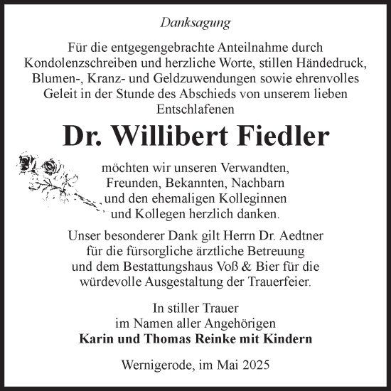 Traueranzeige von Willibert Fiedler von Volksstimme Wernigerode