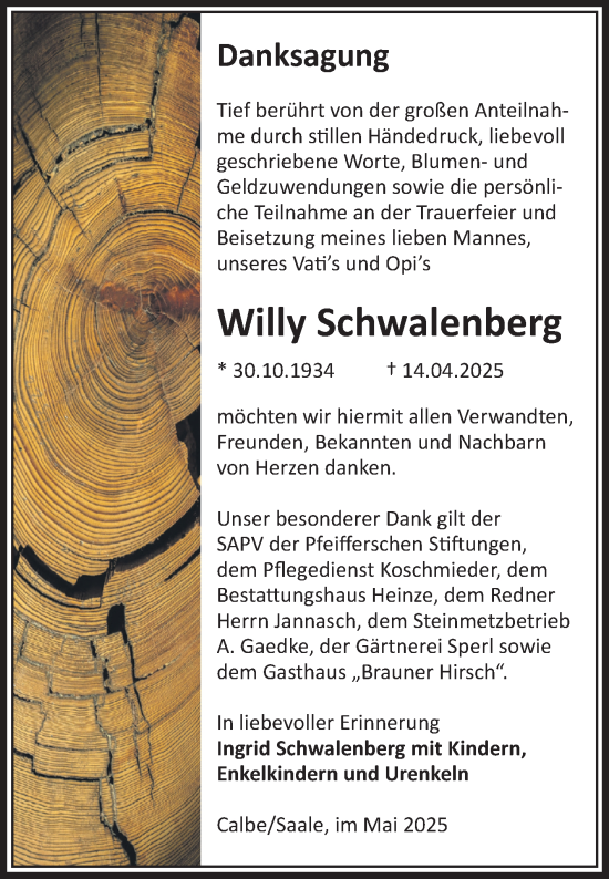 Traueranzeige von Willy Schwalenberg von Volksstimme Schönebeck