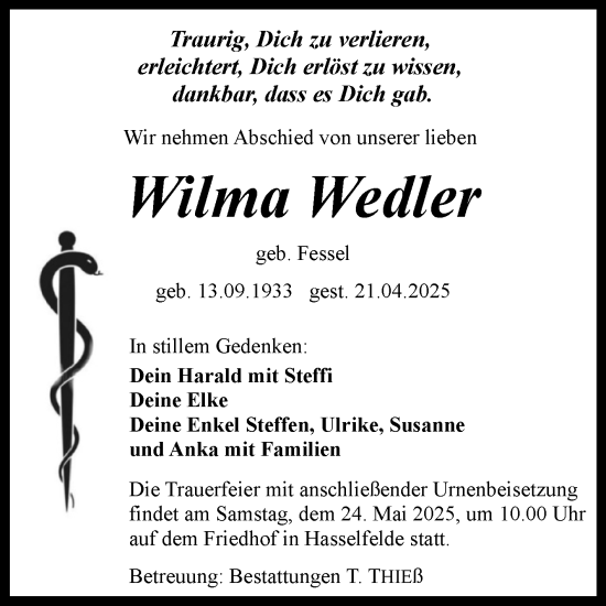 Traueranzeige von Wilma Wedler von Volksstimme Wernigerode