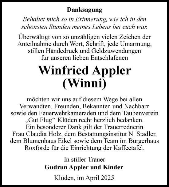 Traueranzeige von Winfried Appler von Volksstimme Haldensleben/Wolmirstedt