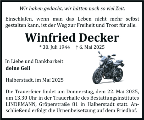 Traueranzeige von Winfried Decker von Volksstimme Halberstadt