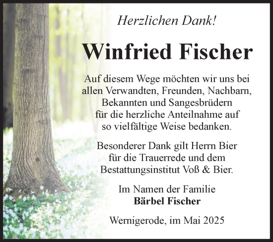Traueranzeige von Winfried Fischer von Volksstimme Wernigerode