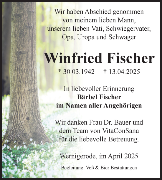 Traueranzeige von Winfried Fischer von Volksstimme Wernigerode