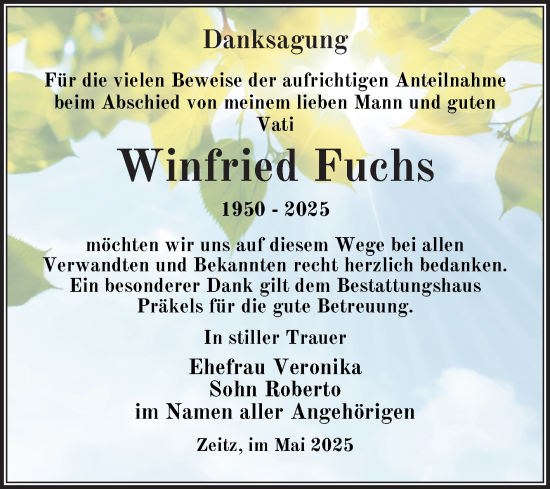 Traueranzeige von Winfried Fuchs von Trauerkombi Zeitz