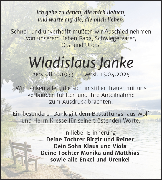 Traueranzeige von Wladislaus Janke von Trauerkombi Weißenfels