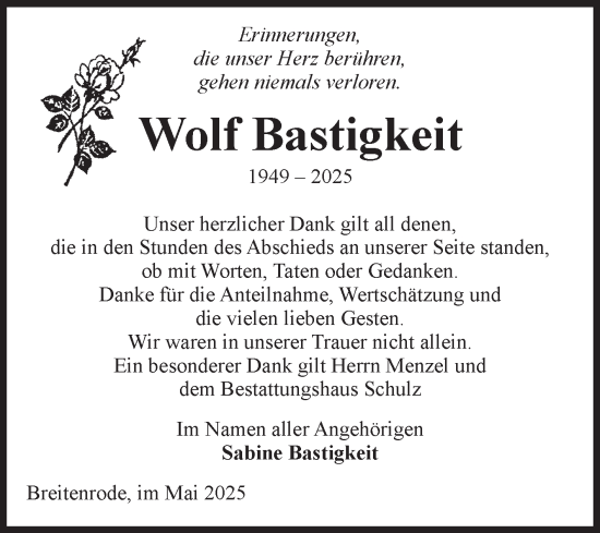 Traueranzeige von Wolf Bastigkeit von Volksstimme Altmark West