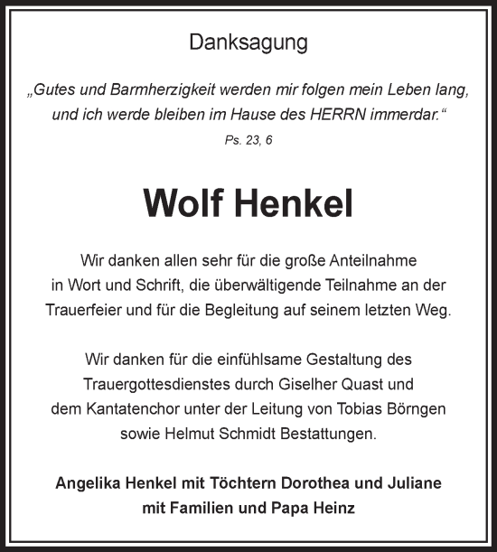 Traueranzeige von Wolf Henkel von Volksstimme Oschersleben/Wanzleben