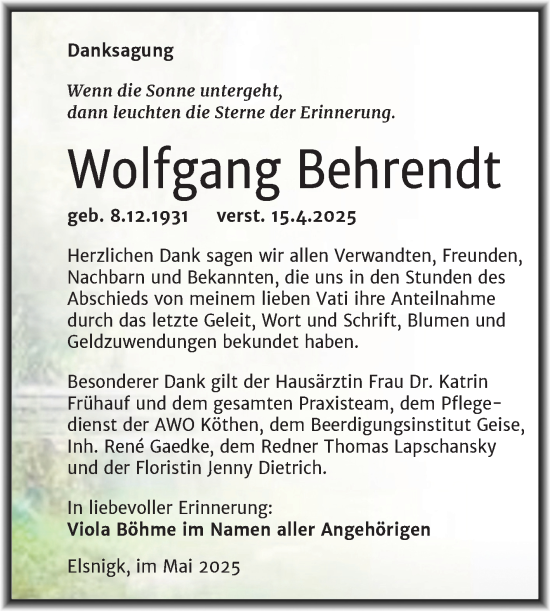 Traueranzeige von Wolfgang Behrendt von Trauerkombi Köthen