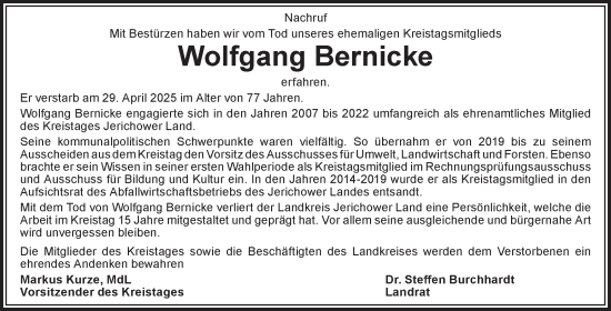Traueranzeige von Wolfgang Bernicke von Volksstimme Burg/Genthin