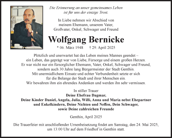 Traueranzeige von Wolfgang Bernicke von Volksstimme Burg/Genthin