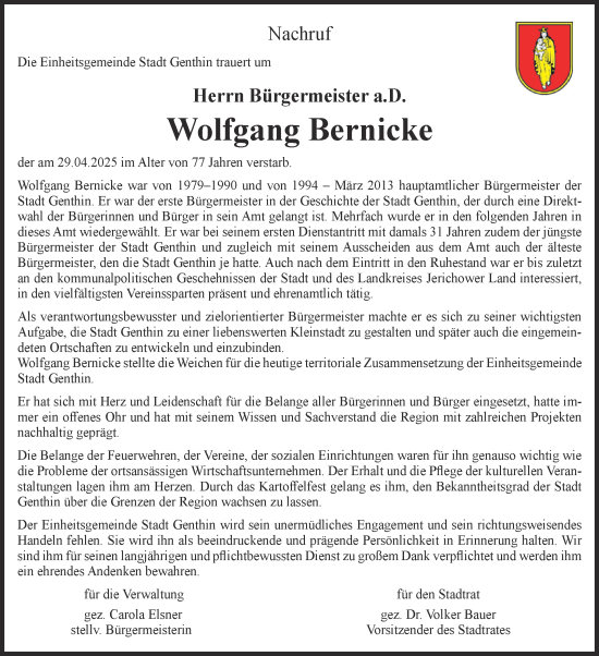 Traueranzeige von Wolfgang Bernicke von Volksstimme Burg/Genthin