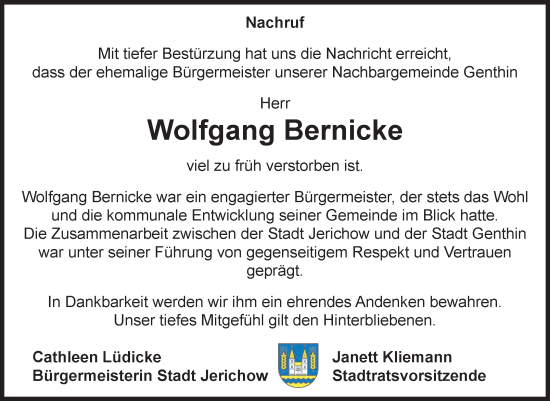 Traueranzeige von Wolfgang Bernicke von Volksstimme Burg/Genthin