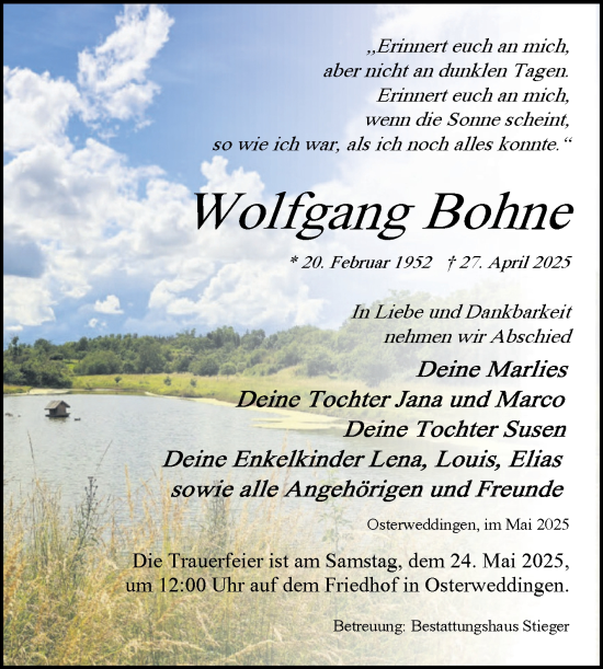 Traueranzeige von Wolfgang Bohne von Volksstimme Oschersleben/Wanzleben