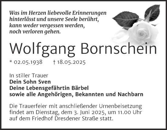 Traueranzeige von Wolfgang Bornschein von Trauerkombi Wittenberg