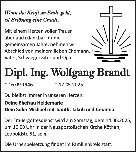Traueranzeige von Wolfgang Brandt von Trauerkombi Köthen