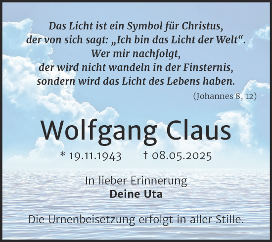 Traueranzeige von Wolfgang Claus von Trauerkombi Bitterfeld
