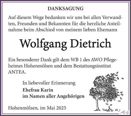 Traueranzeige von Wolfgang Dietrich von Trauerkombi Weißenfels
