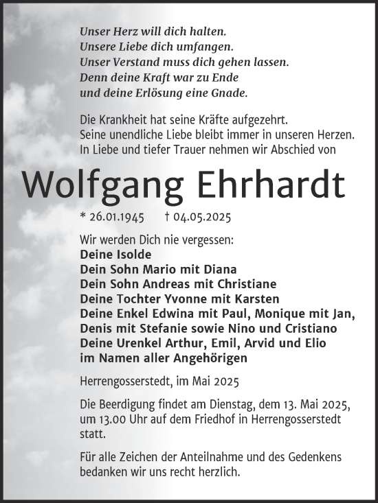 Traueranzeige von Wolfgang Ehrhardt von Naumburger Tageblatt