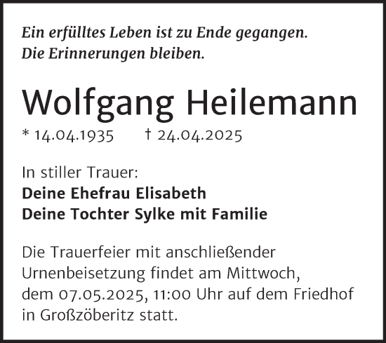 Traueranzeige von Wolfgang Heilemann von Trauerkombi Bitterfeld