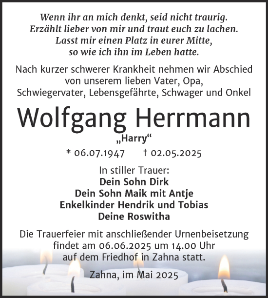 Traueranzeige von Wolfgang Herrmann von Trauerkombi Wittenberg