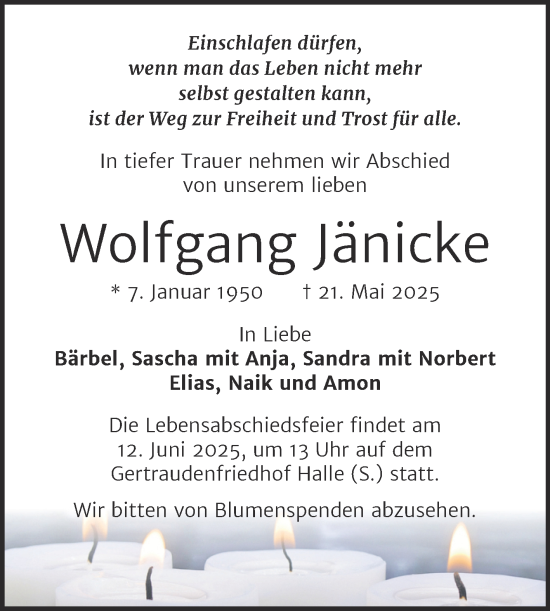 Traueranzeige von Wolfgang Jänicke von Mitteldeutsche Zeitung Halle/Saalkreis