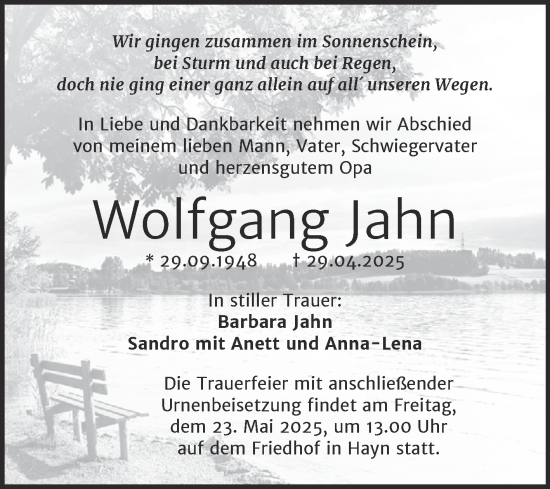 Traueranzeige von Wolfgang Jahn von Trauerkombi Sangerhausen
