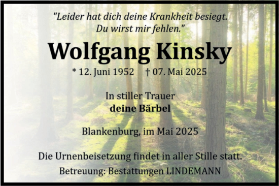 Traueranzeige von Wolfgang Kinsky von Volksstimme Wernigerode