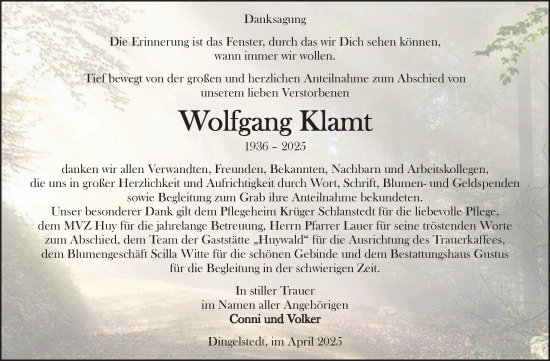 Traueranzeige von Wolfgang Klamt von Volksstimme Halberstadt