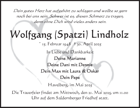 Traueranzeige von Wolfgang Lindholz von Volksstimme Altmark Ost