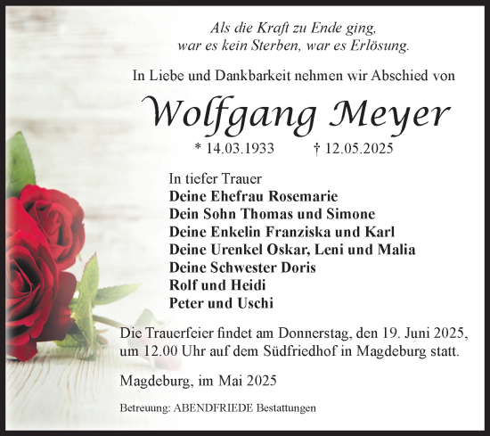 Traueranzeige von Wolfgang Meyer von Volksstimme Magdeburg