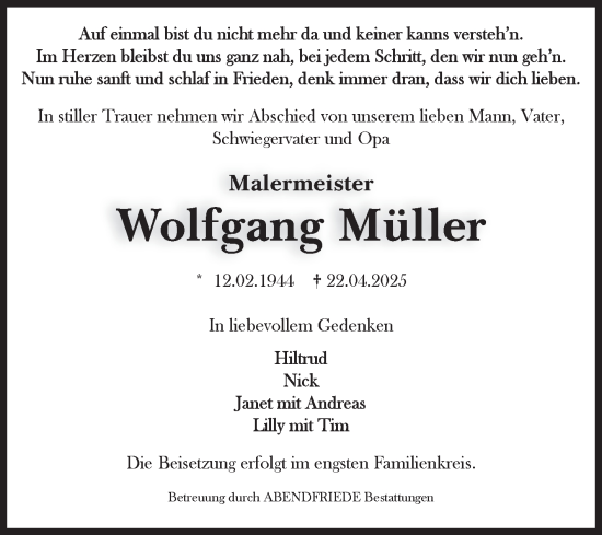 Traueranzeige von Wolfgang Müller von Volksstimme Haldensleben/Wolmirstedt