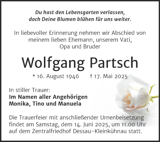 Traueranzeige von Wolfgang Partsch von Trauerkombi Dessau