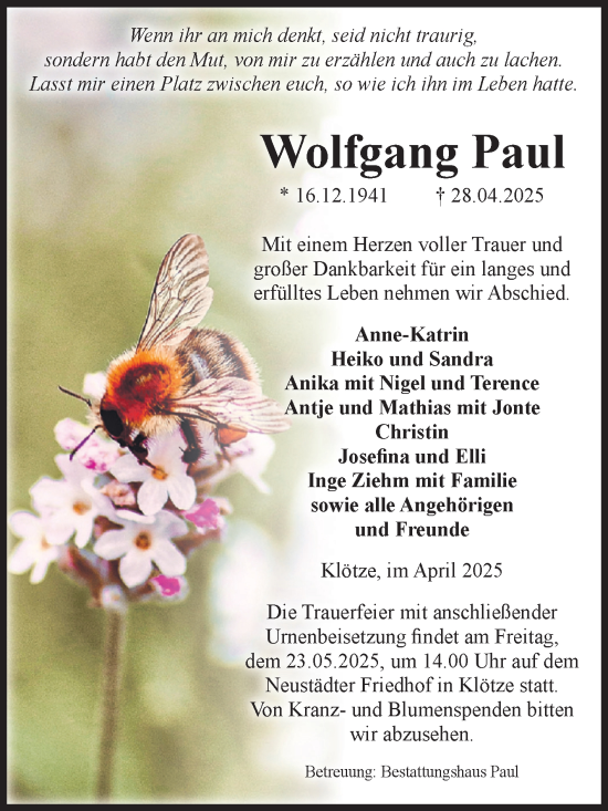 Traueranzeige von Wolfgang Paul von Volksstimme Altmark West
