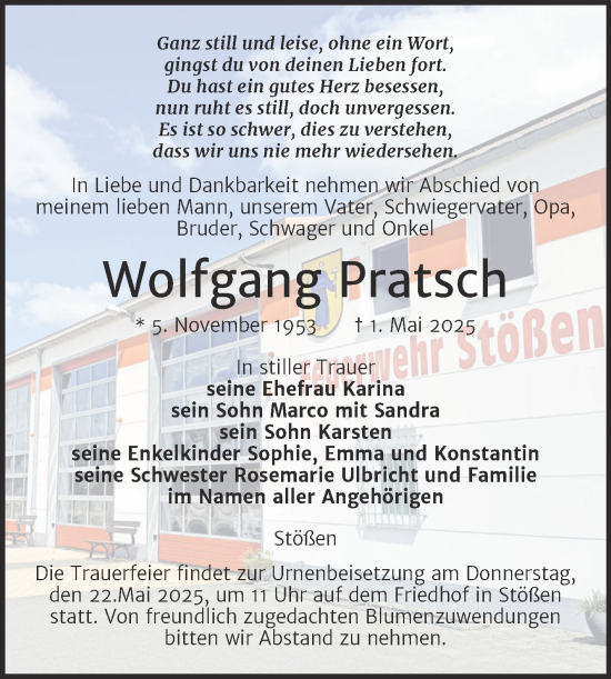 Traueranzeige von Wolfgang Pratsch von Super Sonntag Naumburg/Nebra