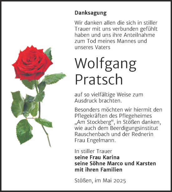 Traueranzeige von Wolfgang Pratsch von Super Sonntag Naumburg/Nebra