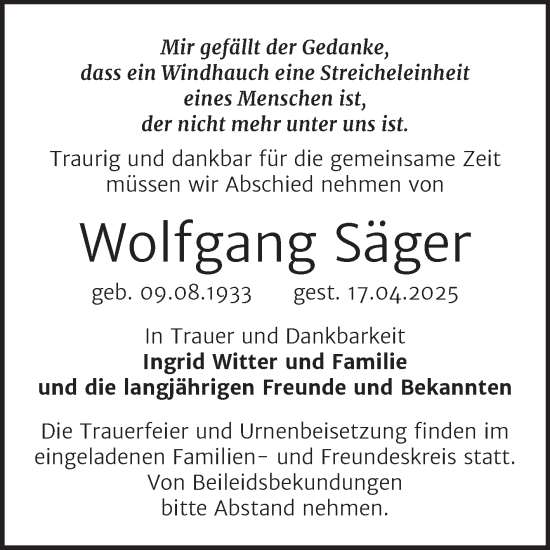 Traueranzeige von Wolfgang Säger von Super Sonntag Wittenberg