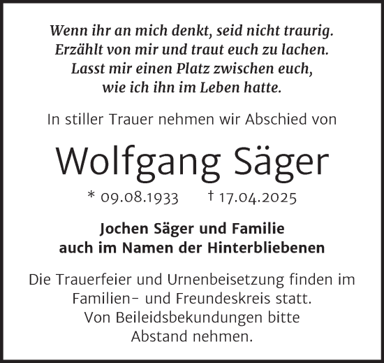 Traueranzeige von Wolfgang Säger 