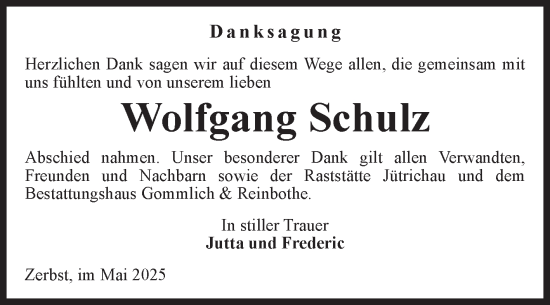 Traueranzeige von Wolfgang Schulz von Volksstimme Zerbst