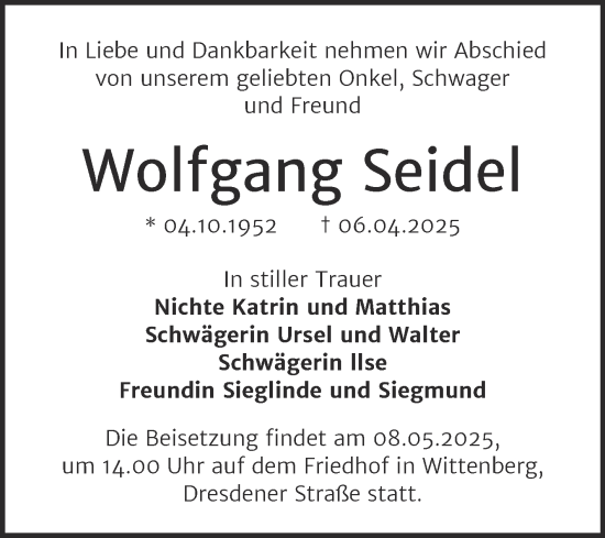 Traueranzeige von Wolfgang Seidel von Trauerkombi Wittenberg