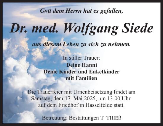 Traueranzeige von Wolfgang Siede von Volksstimme Wernigerode