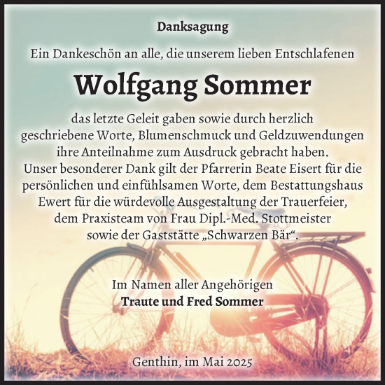 Traueranzeige von Wolfgang Sommer von Volksstimme Burg/Genthin