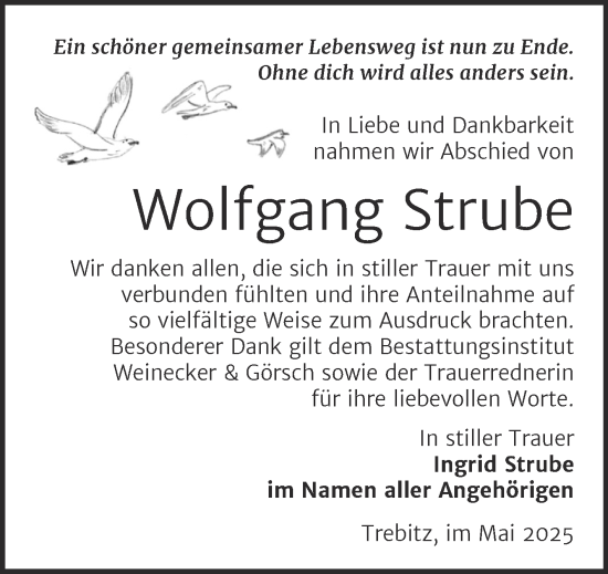 Traueranzeige von Wolfgang Strube von Trauerkombi Bernburg