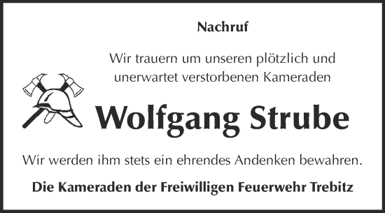 Traueranzeige von Wolfgang Strube von Super Sonntag Bernburg