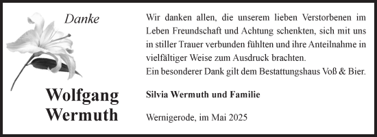 Traueranzeige von Wolfgang  Wermuth von Volksstimme Wernigerode