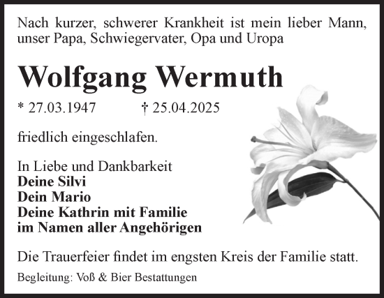 Traueranzeige von Wolfgang Wermuth von Volksstimme Wernigerode