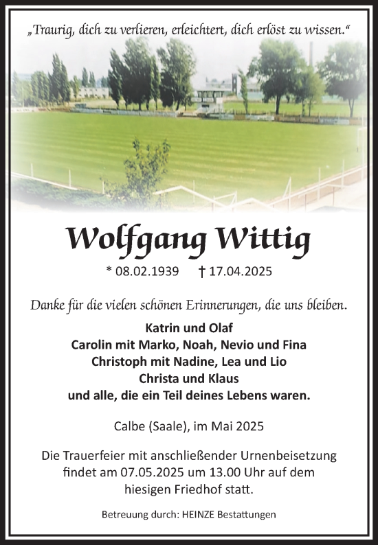 Traueranzeige von Wolfgang Wittig von Volksstimme Schönebeck