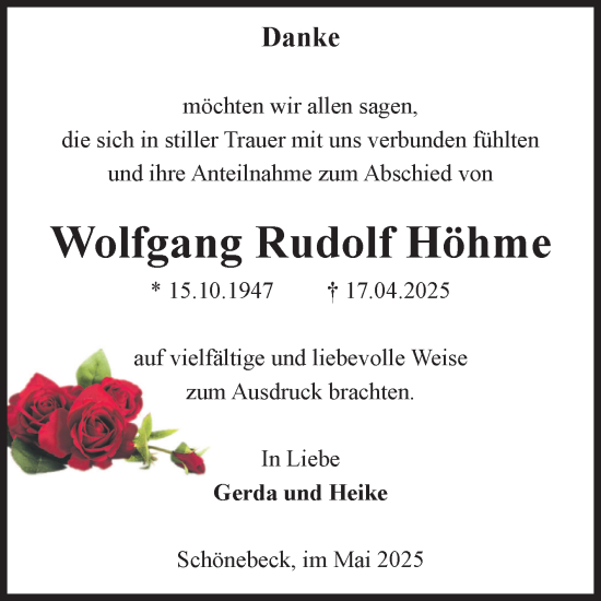 Traueranzeige von Wolfgang Rudolf Höhme von Volksstimme Schönebeck