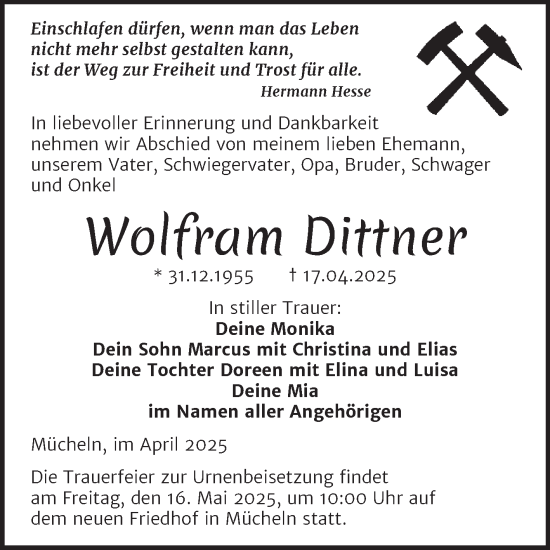 Traueranzeige von Wolfram Dittner von Trauerkombi Merseburg