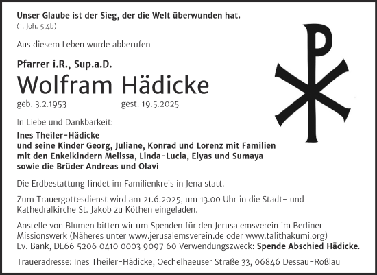 Traueranzeige von Wolfram Hädicke von Mitteldeutsche Zeitung Dessau-Roßlau