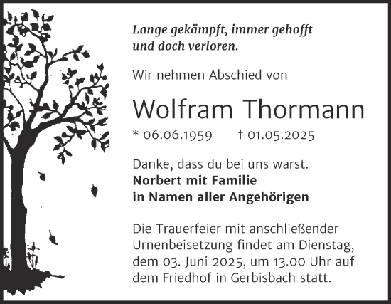 Traueranzeige von Wolfram Thormann von Trauerkombi Wittenberg